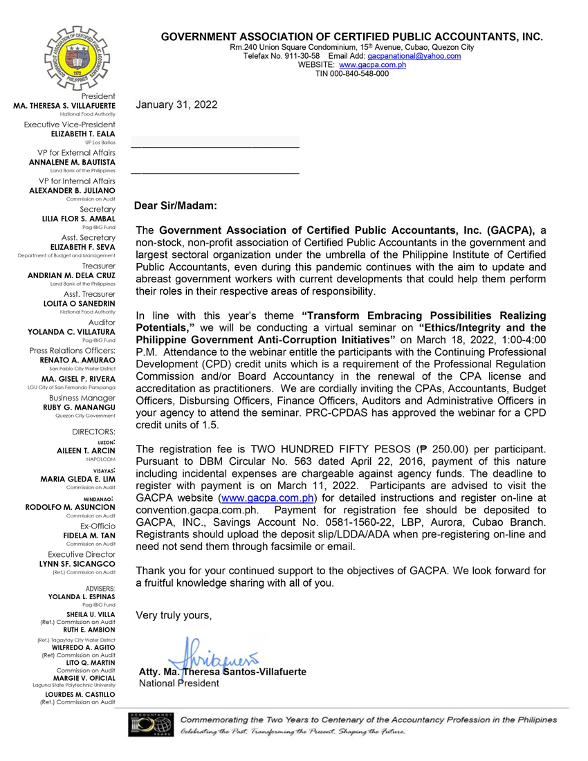 Letter of Invitation to GACPA's Webinar